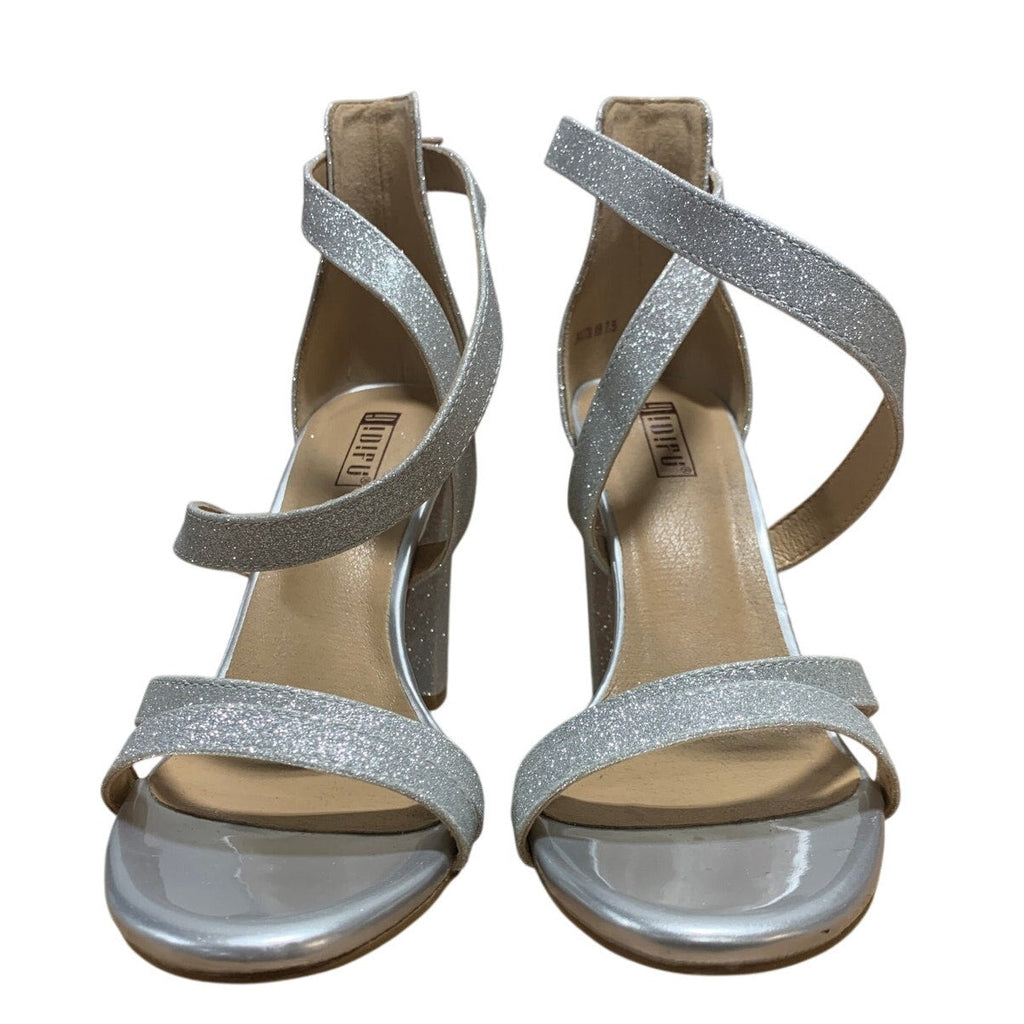 Idifu Womens Size 7.5 Silver Glitter 4" Heels Open Round Toe Ankle Strap Shoes