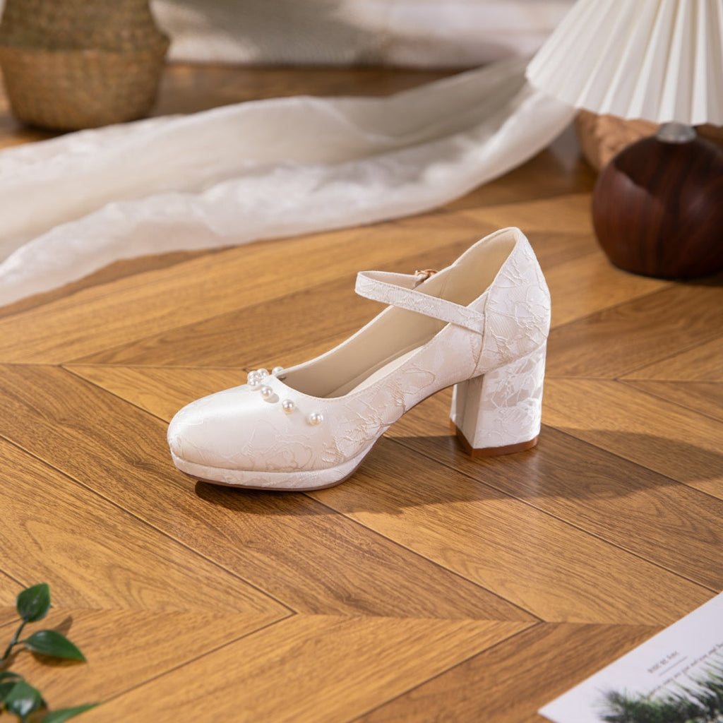 Women's Jacquard Mary Jane Platform Heels | Pearl Bow Waterproof Wedding Shoes