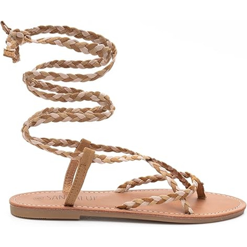 Sandalup Womens Size 8 Tan Strappy Braided Tie Up Sandal Open Toe Shoes