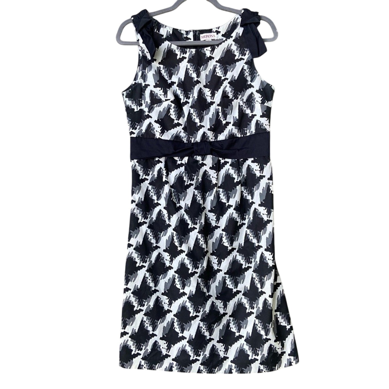 Merona Womens Size 8 Black White Gray Bow Accent Sleeveless Sheath Dress