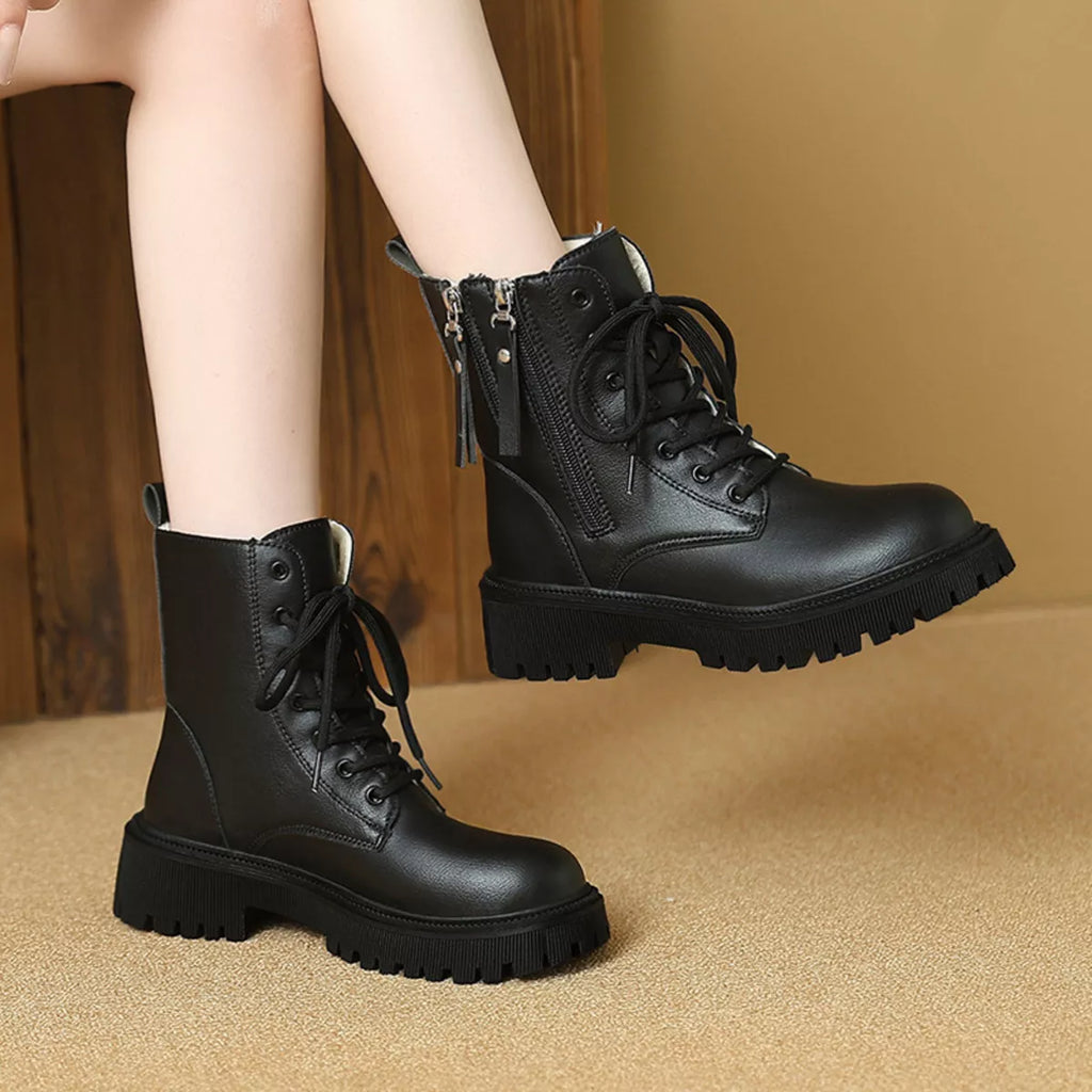 Women's Lace-Up Ankle Combat Boots – Mid Heel PU Leather