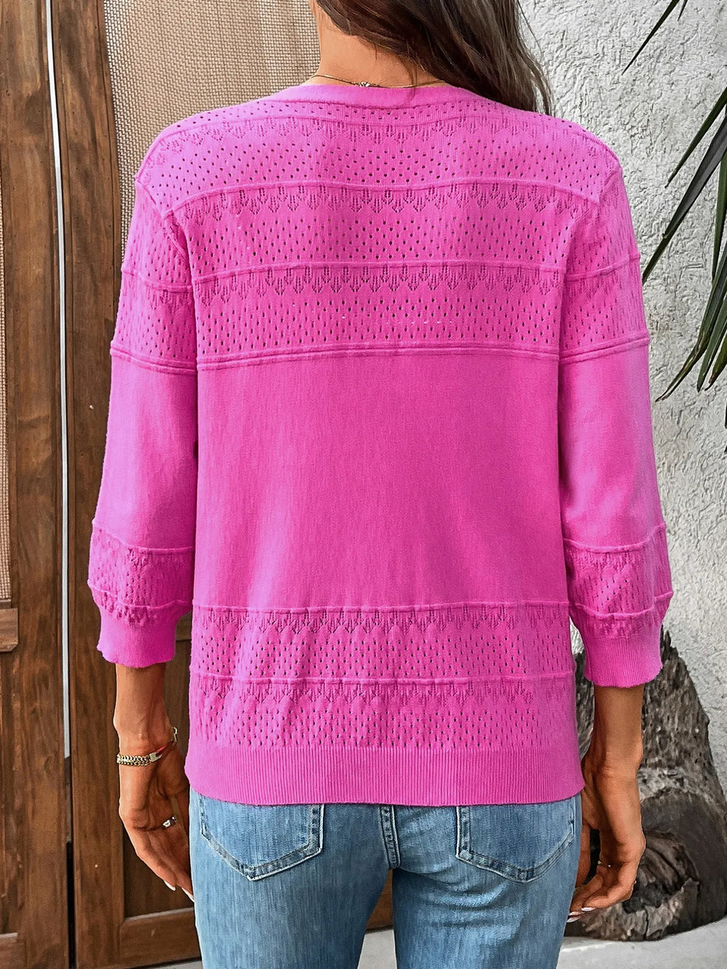 Textured Button-Front Cardigan with 3/4 Sleeves