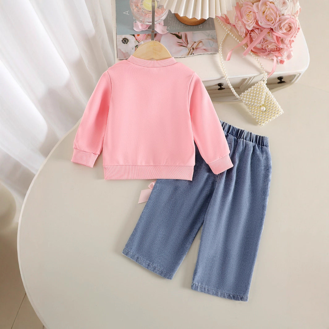 Solid Color Long-sleeved Sweater Pec-deck Machine Denim Trousers Two-piece Suit