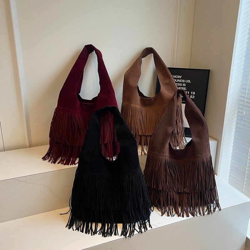 Retro Tassel Bucket Bag for Women – PU Leather Shoulder Bag with Suede Lining