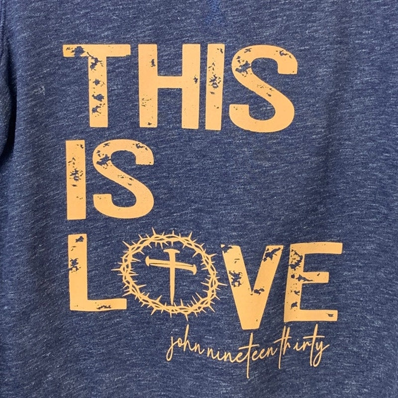 Upcycled Hand Printed Womens Large This is Love John 19:30 Blue Sweatshirt