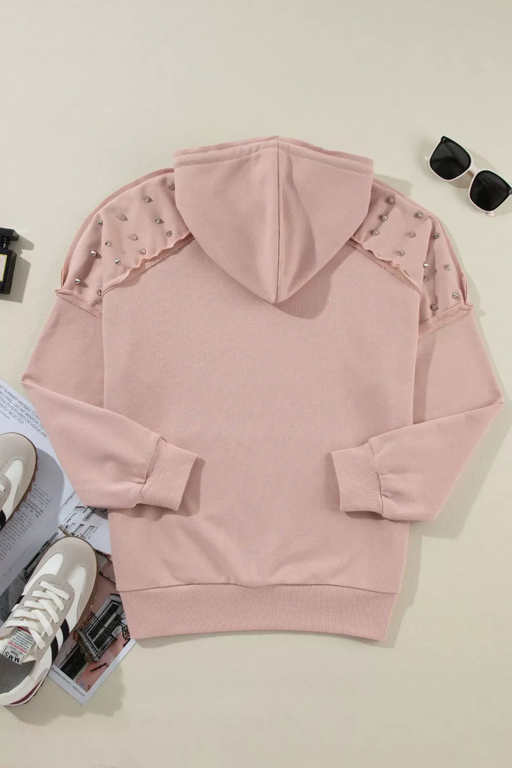 Drawstring Studded Shoulder Hoodie