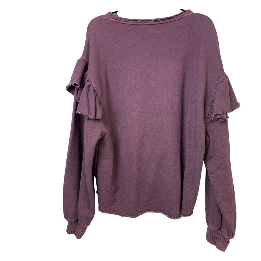 New Hand Printed Womens Small Woodland Owl Purple Ruffled Long Sleeve Sweatshirt