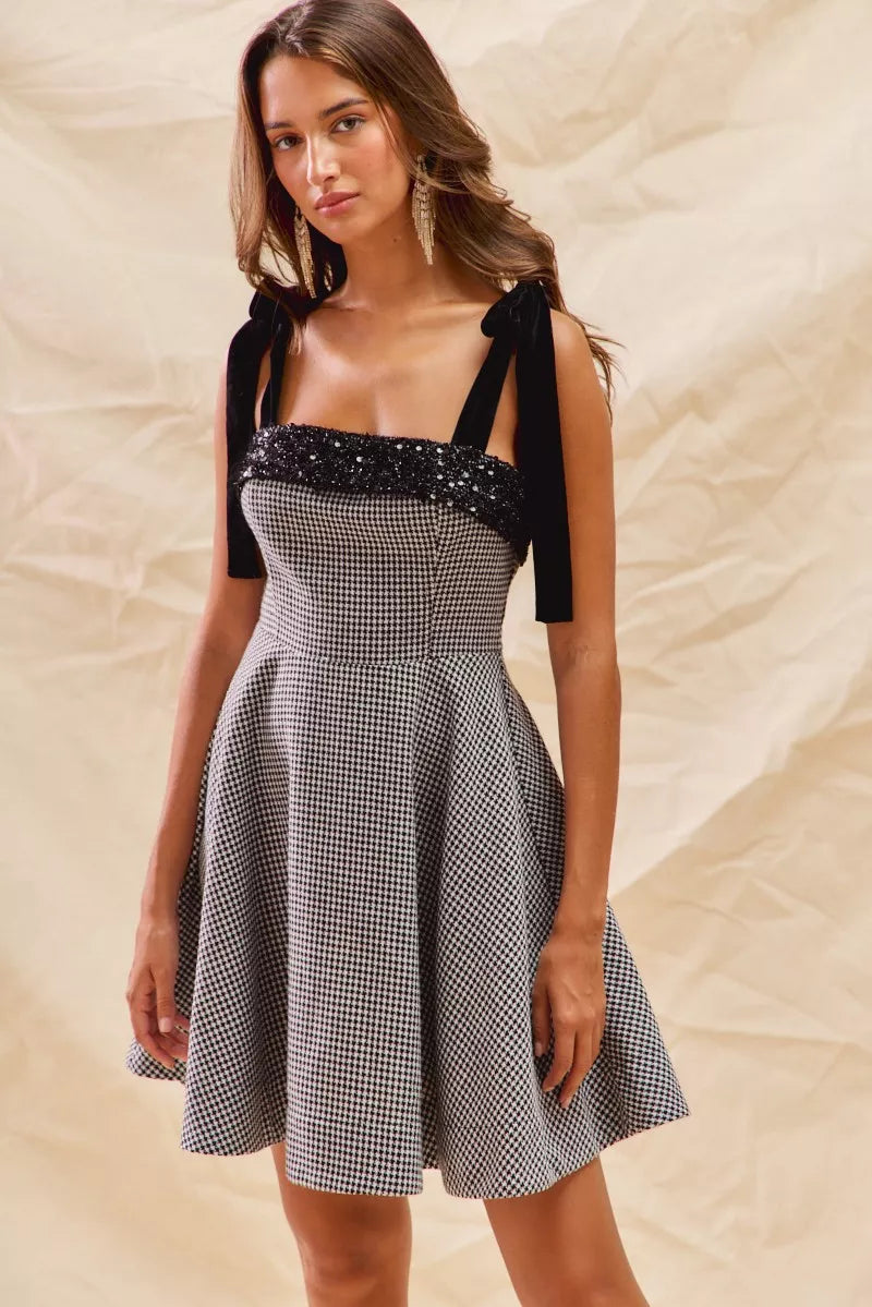 SO ME Houndstooth Fit Flare Mini Dress with Shoulder Tie