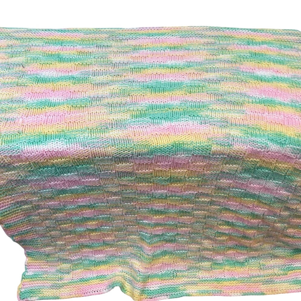 Handmade Green Pink Yellow Acrylic Yarn Crocheted Baby Blanket Afghan Throw