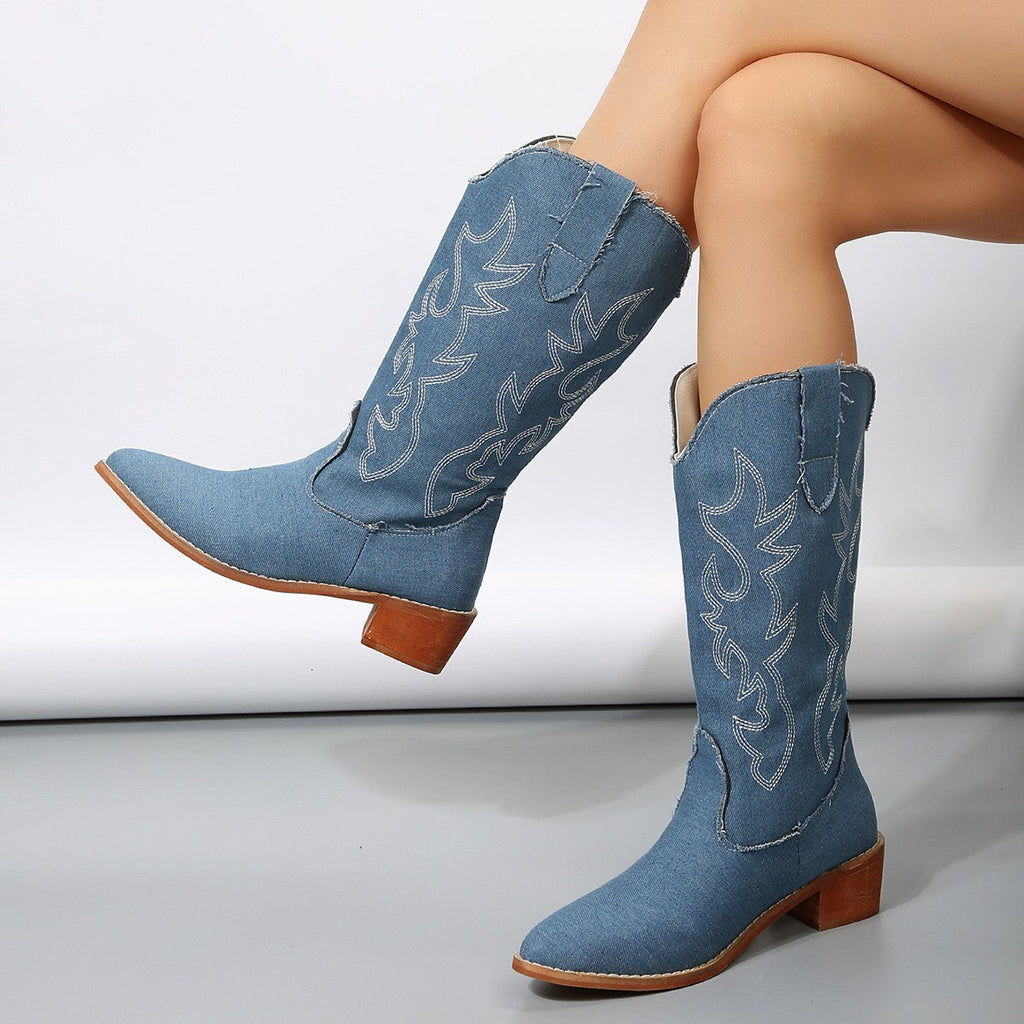 Women's Plus-Size Mid-Calf Western Boots – Blue Denim Embroidery Square Heel