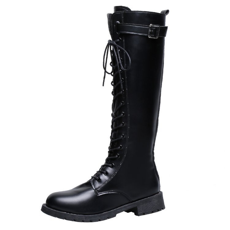 Women's Lace-Up High Boots - Mid Heel Combat Boots with Buckles & Straps