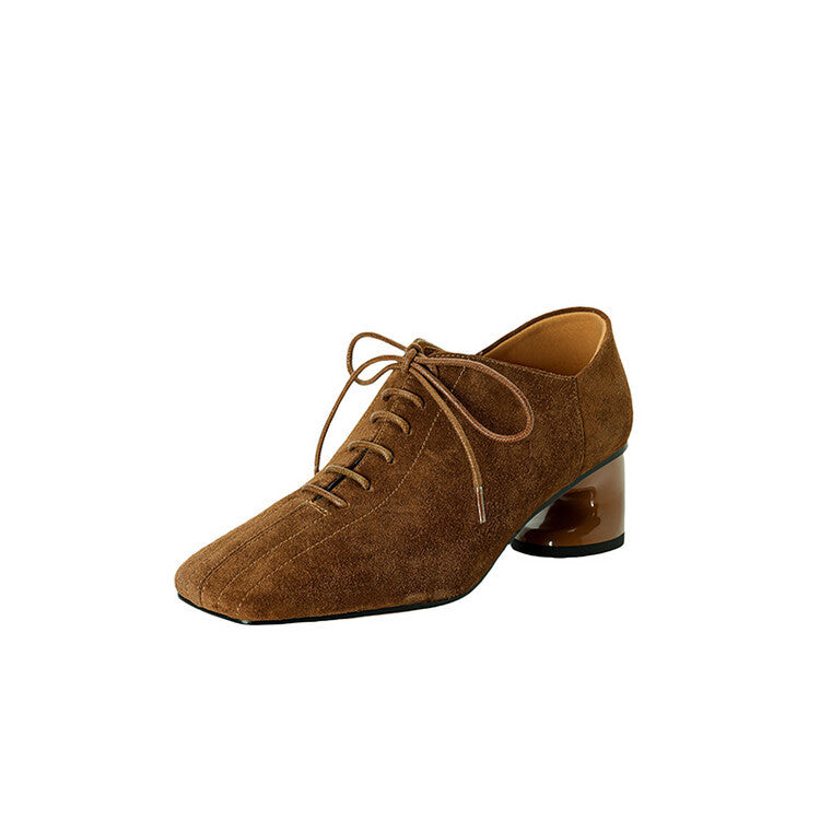 Women's Retro Sheepskin Chunky Heel Square Toe Pumps | Lace-Up Mid Heel Shoes