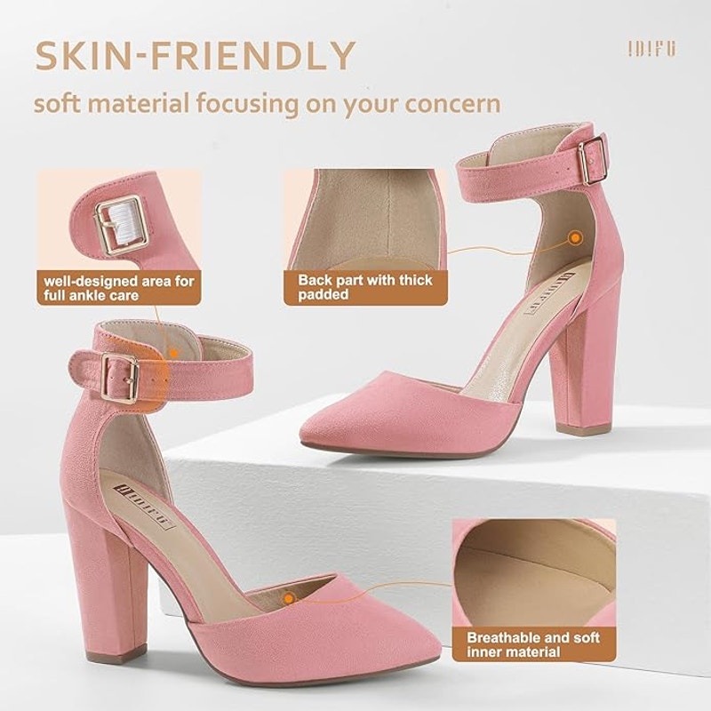 Idifu Womens Size 8 Pink 4" Suede Heel Closed Pointed Toe Ankle Strap Shoes