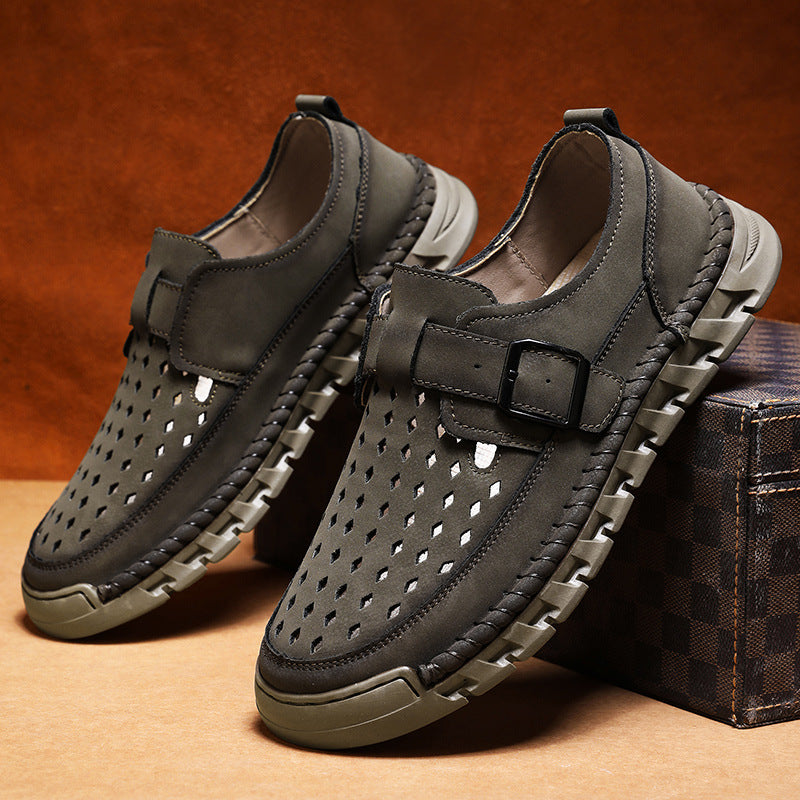 Men's Breathable Casual Leather Shoes | Stitched Buckle Low-Top Sneakers