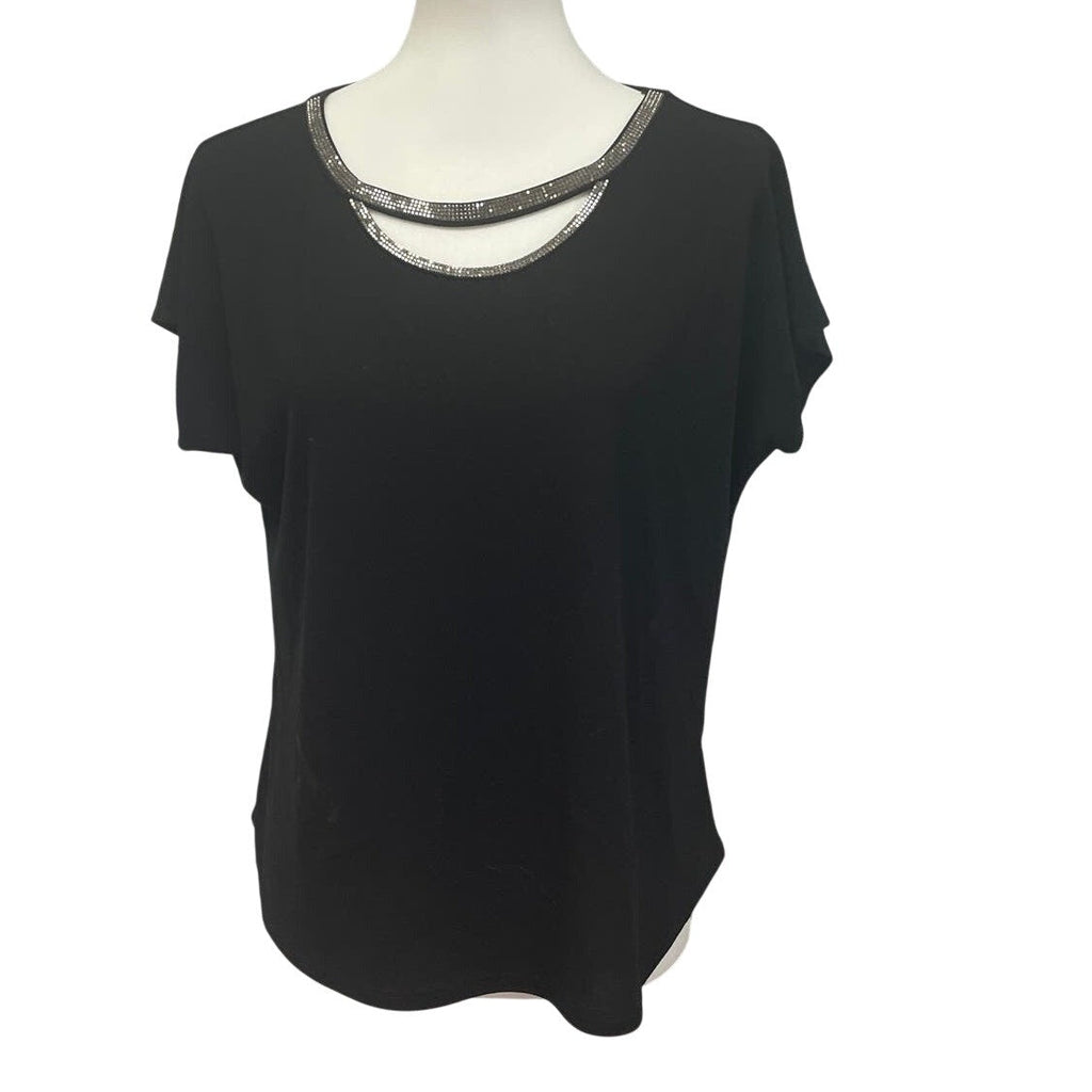 Cute Rhinestone Detail Womens Medium Stretchy Short Sleeve Basic Blouse Top