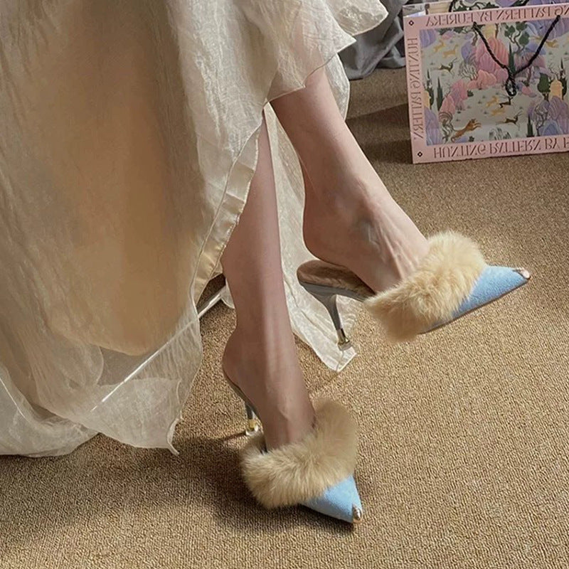 Women's Furry High Heel Slide Sandals - Pointed Toe Elegant Heeled Mules