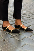 Women's Pointed-Toe Suede Dress Shoes with Rhinestone Straps | Low Chunky Heel