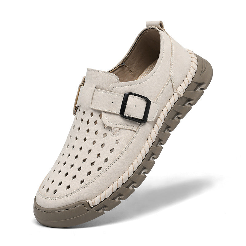 Men's Breathable Casual Leather Shoes | Stitched Buckle Low-Top Sneakers