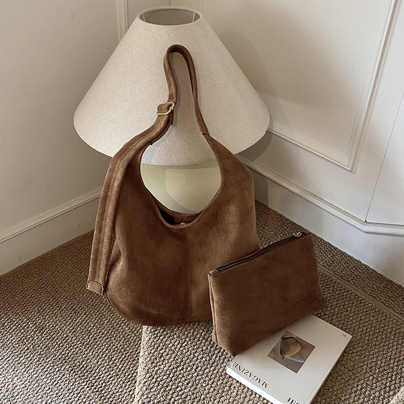 Women's Suede-Texture Bucket Shoulder Bag – Large Capacity Underarm Handbag