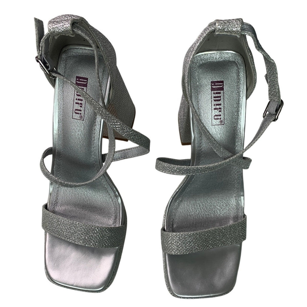 Idifu Womens 7.5 Silver Gillter Open Toe 4" Block Heel Ankle Strap Sandal Shoes