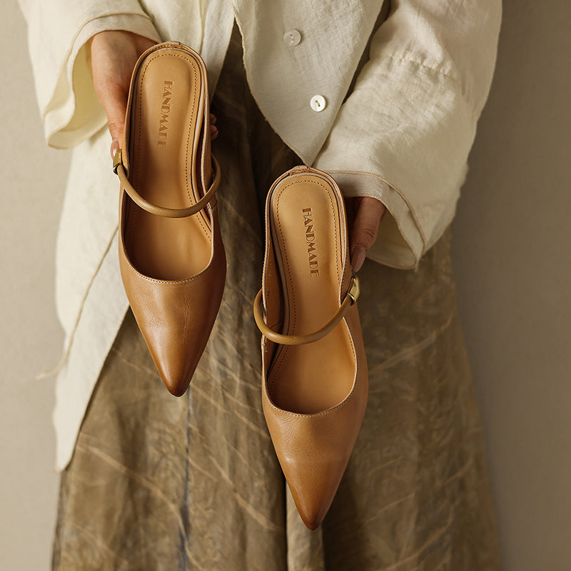 Women's Mary Jane Mule Sandals | Full Grain Cowhide Pointed Toe Block Heel Slides