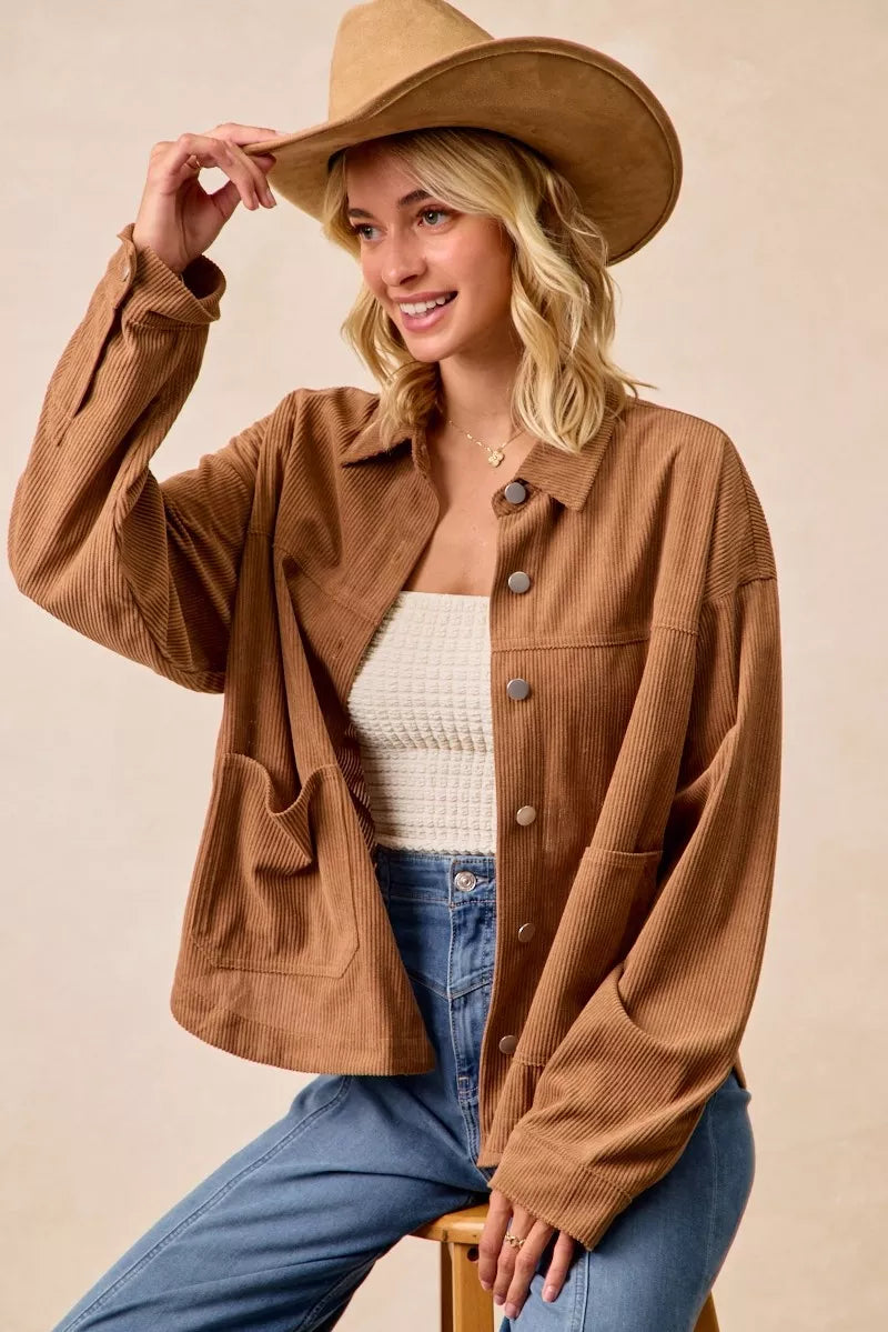 BiBi Corduroy Relaxed Fit Shacket with Back Pleat