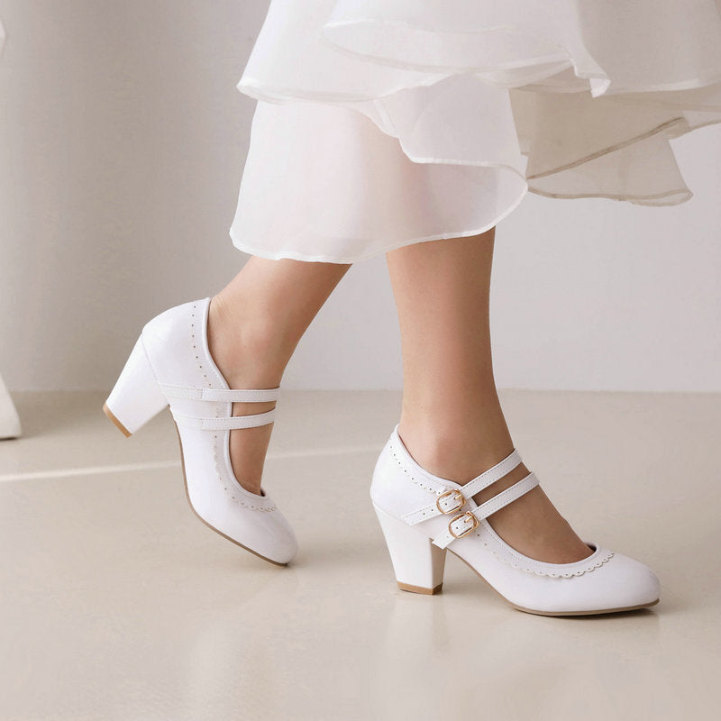 Women's Patent Leather Chunky Heel Mules – Candy Color Round Toe Buckle High Heels