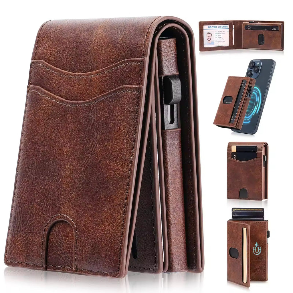 Magnetic Metal Credit Card Case - RFID Protection Leather Wallet
