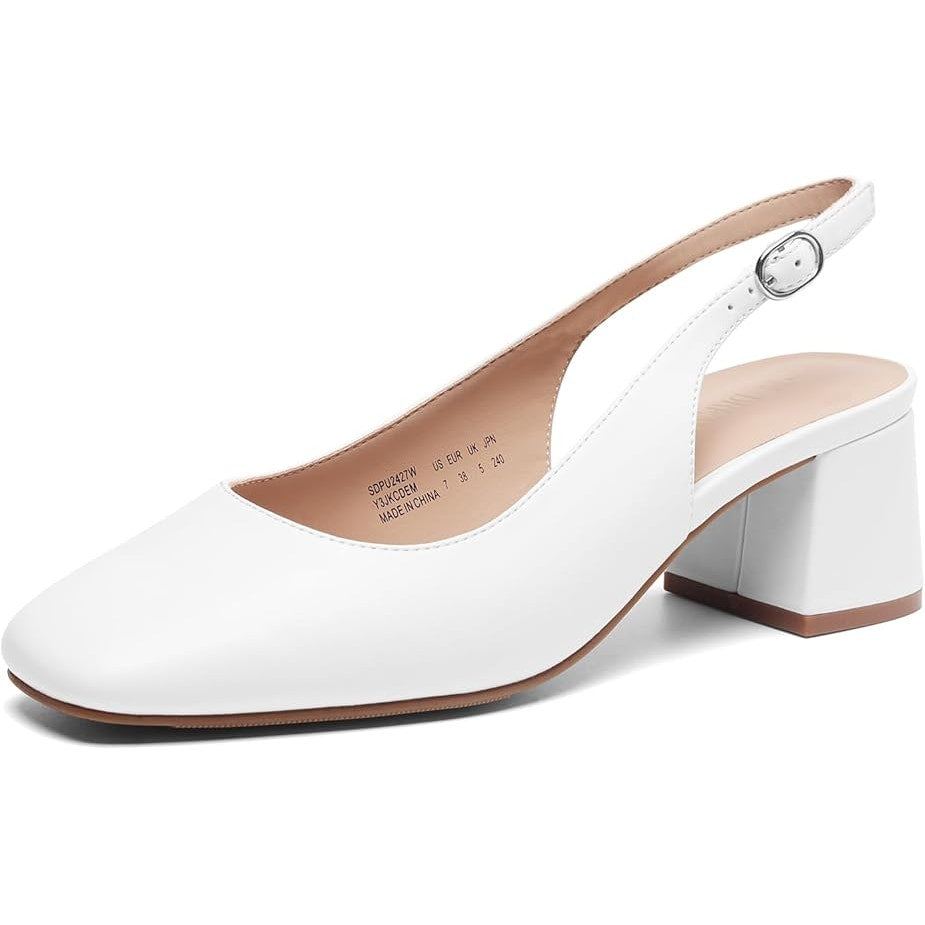 Dream Pairs Womens 9.5 White Faux Leather Low 2.5" Block Heel Slingback Shoes