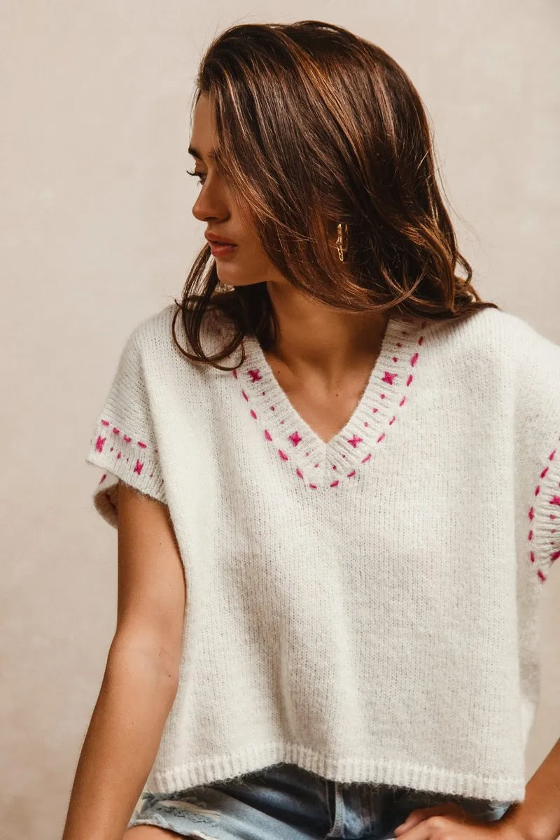 BiBi Knit Solid Contrast Stitch Detail Short Sleeves Sweater