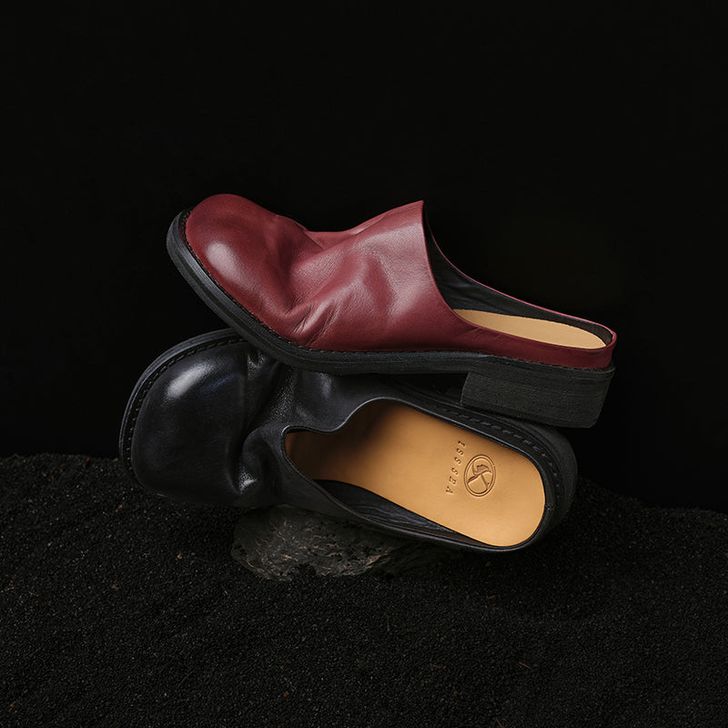 Women's Washed Cowhide Leather Mule Slides | Retro Round-Toe Block Heel Backless Shoes