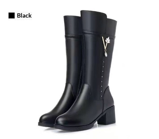 Women's Fleece-Lined Tall Boots with Wool Lining - Mid Heel Winter Boots with Side Zipper