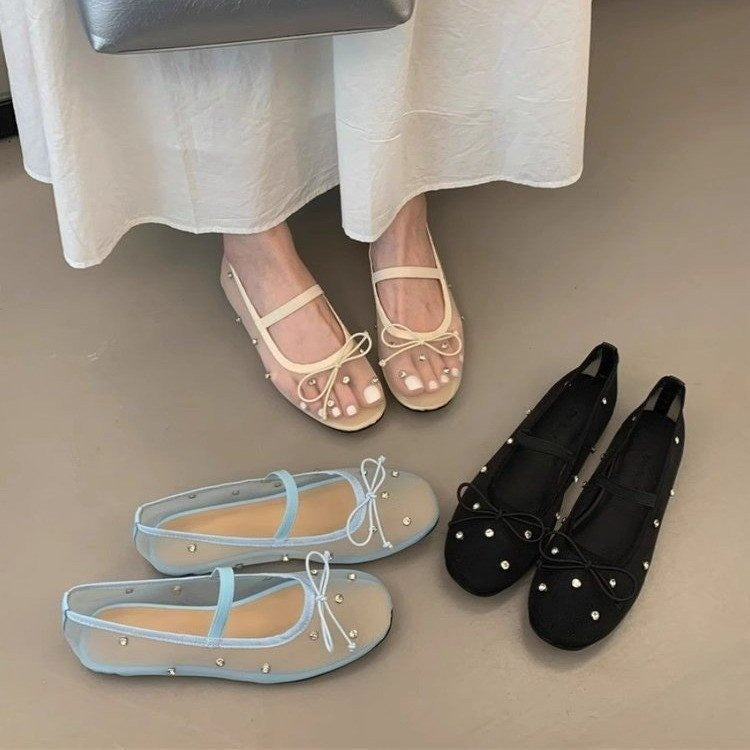 Women's Rhinestone Mesh Ballet Flats | Slip-On Round Toe Flat Shoes