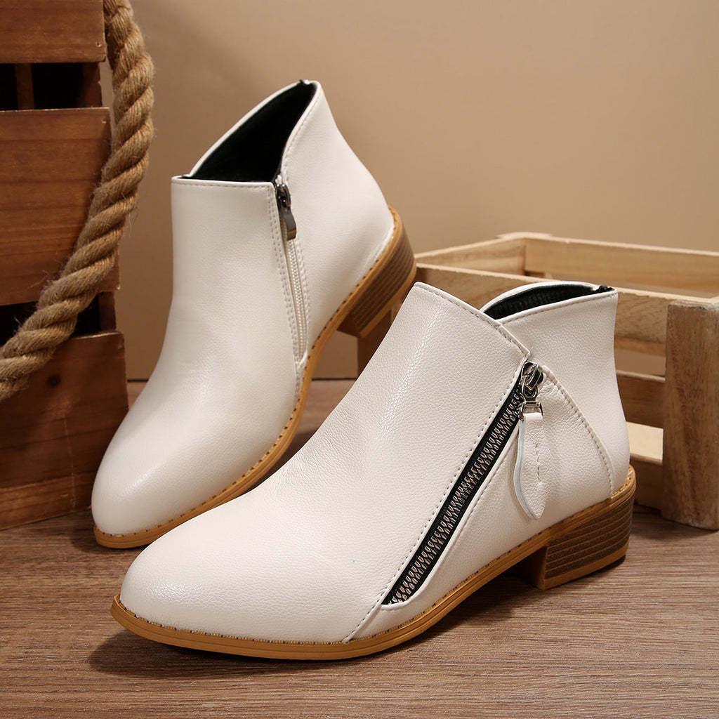 Women's Chunky Heel Pointed-Toe Ankle Boots – Side Zipper, PU Leather, Multi-Color