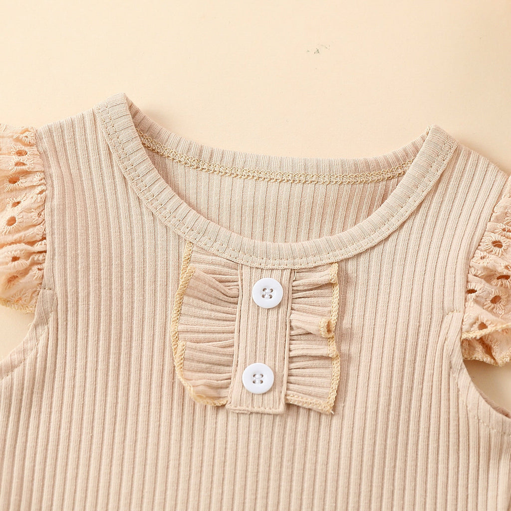 Girls' Flounced Sleeve Buttons Sunken Stripe Cotton Shorts Suit