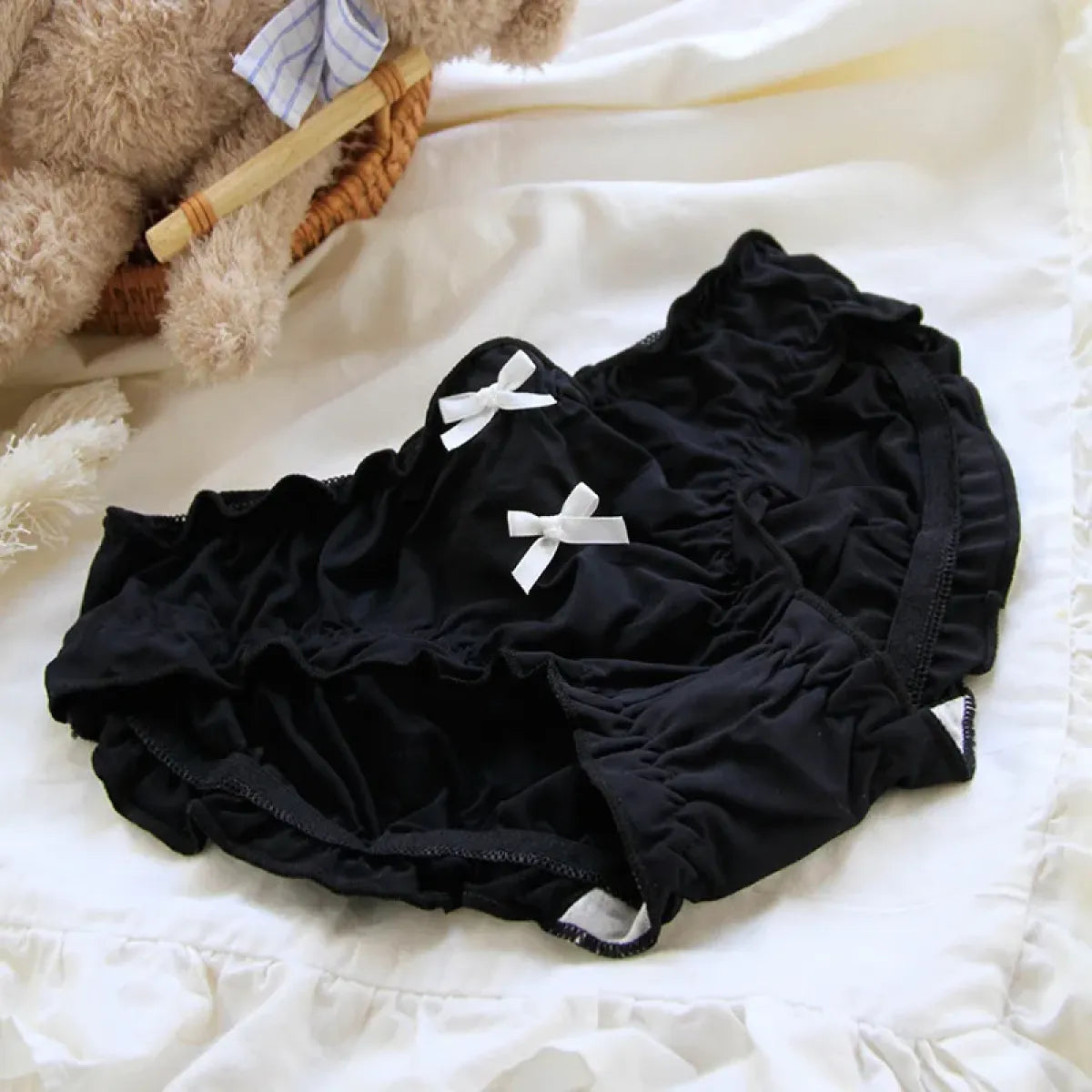 Double Bow Ruffle Panties – Mid-Waist Ice Silk Cotton Briefs