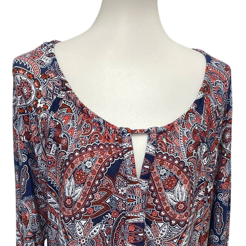 CB Womens XL 3/4 Sleeve Keyhole Front Boho Paisley Floral Flowy Rayon Blend Top