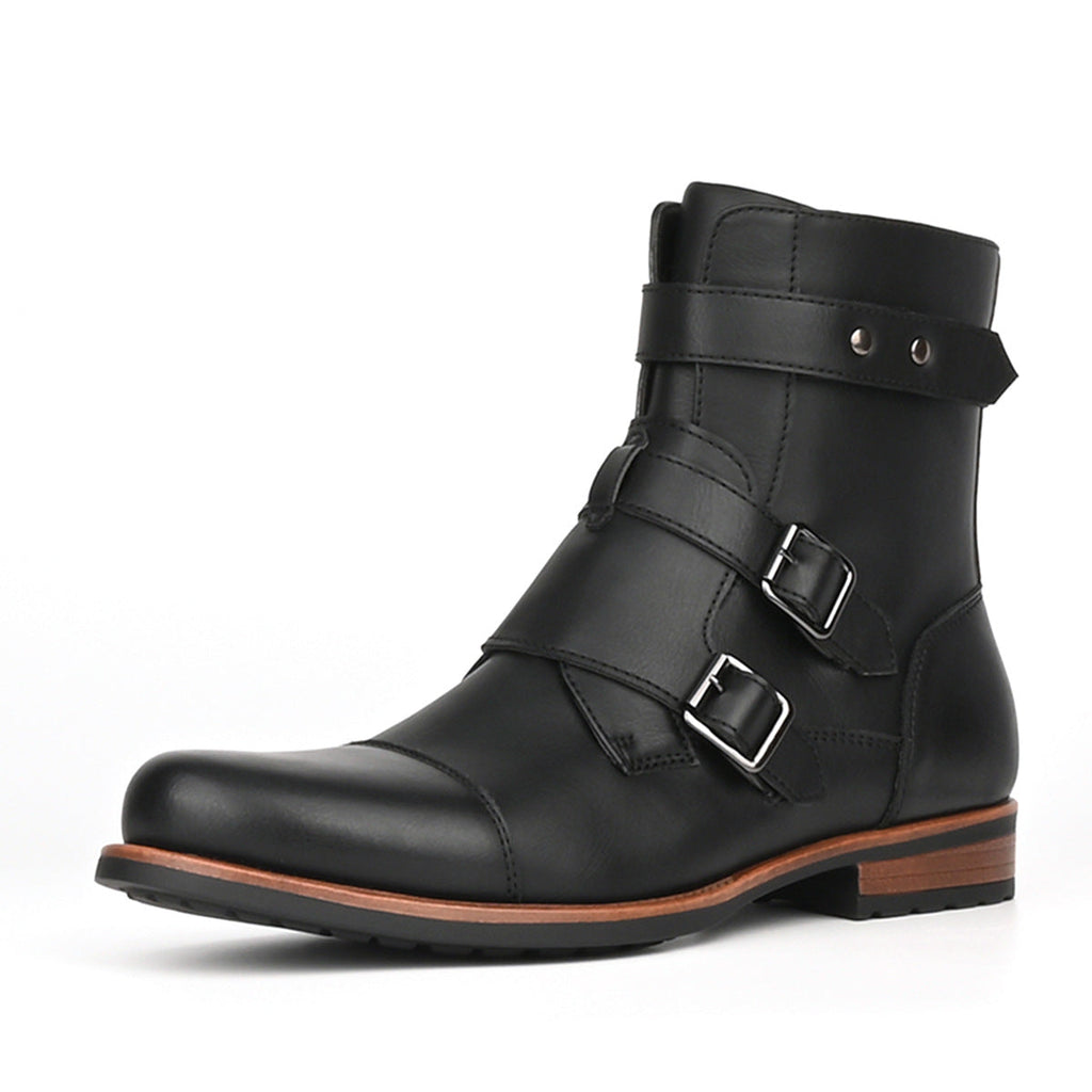 Men's Vintage Denim Boots | Metal Buckle Side-Zip Low Heel – Black & Brown