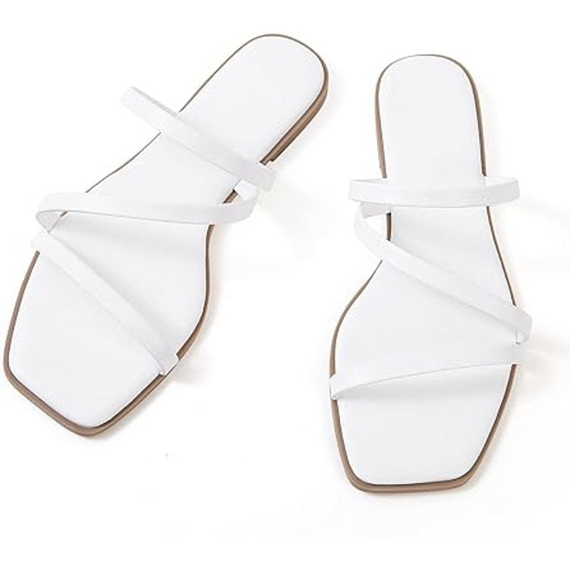 Lacuone Womens 10.5 White Faux Leather Open Toe Strappy Slide On Flat Sandals