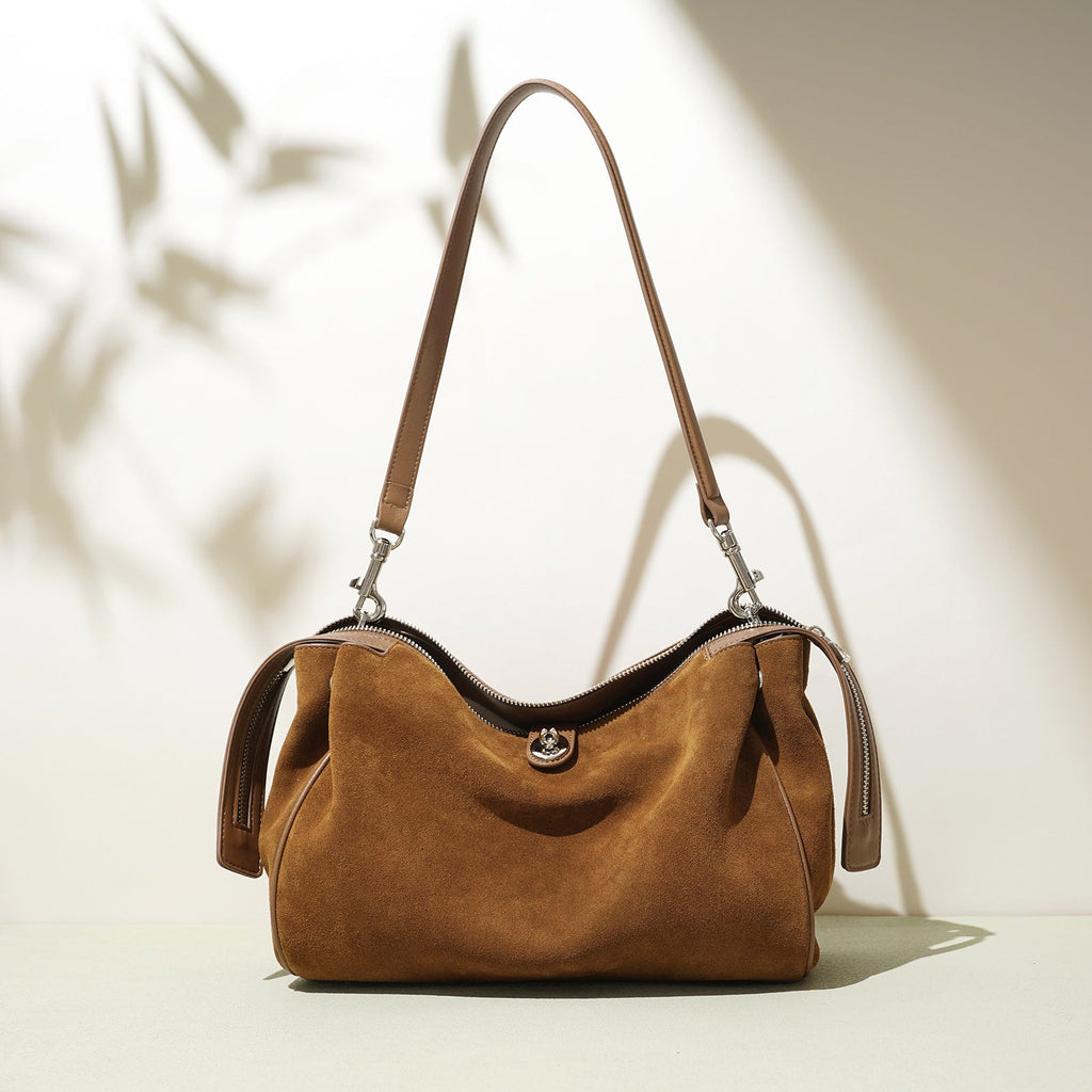 Women's Genuine Suede Leather Crossbody Pillow Bag | Double Strap Shoulder Bag