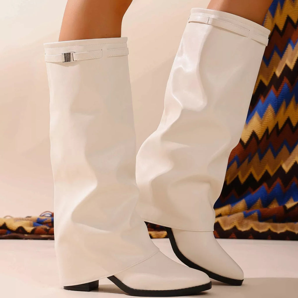 Women's Pointed Toe Block Heel Boots | Stable High Heel | PU Leather Ankle Boots