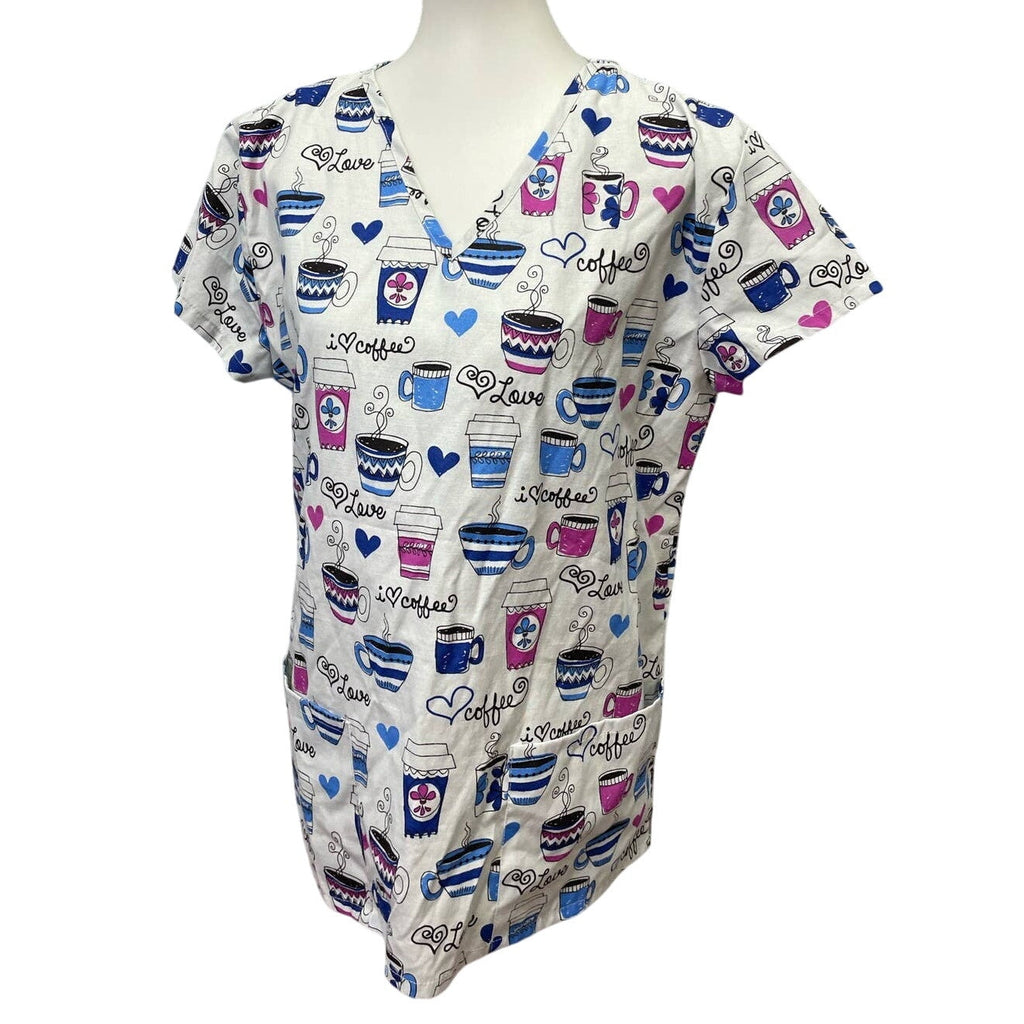 Lot of 2 24/7 Comfort Womens Large Cotton Blend Love Coffee V-Neck Scrub Tops