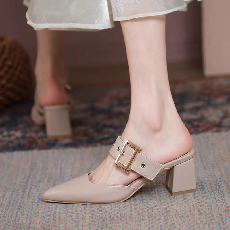 Women's Korean-Style Pointed Toe Chunky Heel Slippers | Microfiber Leather Slip-On Shoes