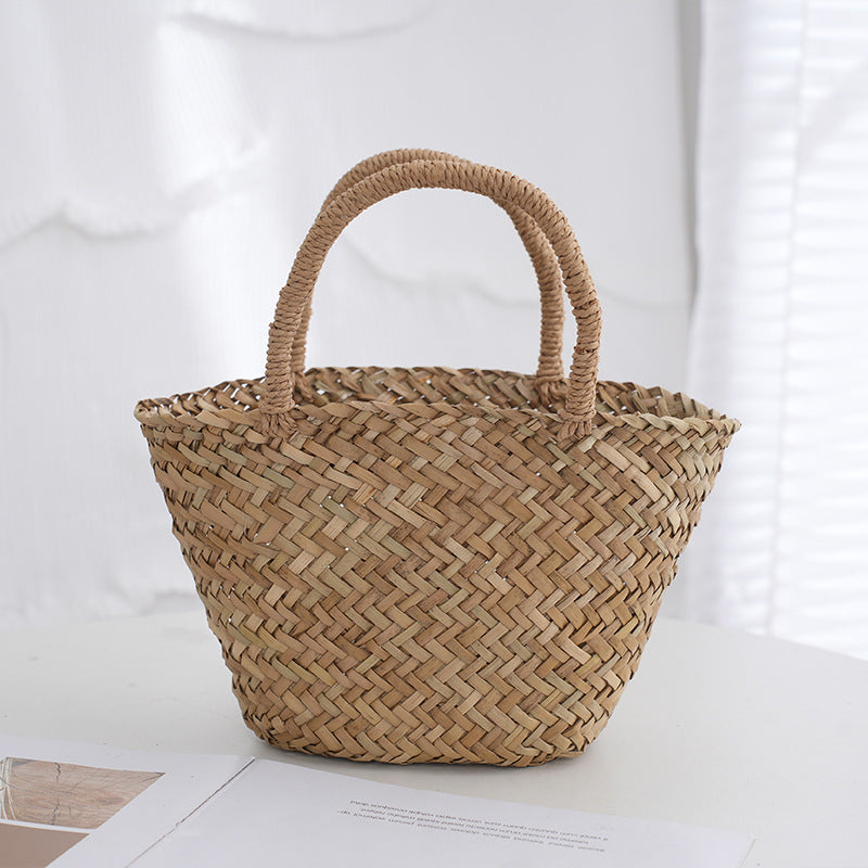 Women's Handwoven Mitsuba Grass Tote Bag – Natural Straw Weave Shell Handbag
