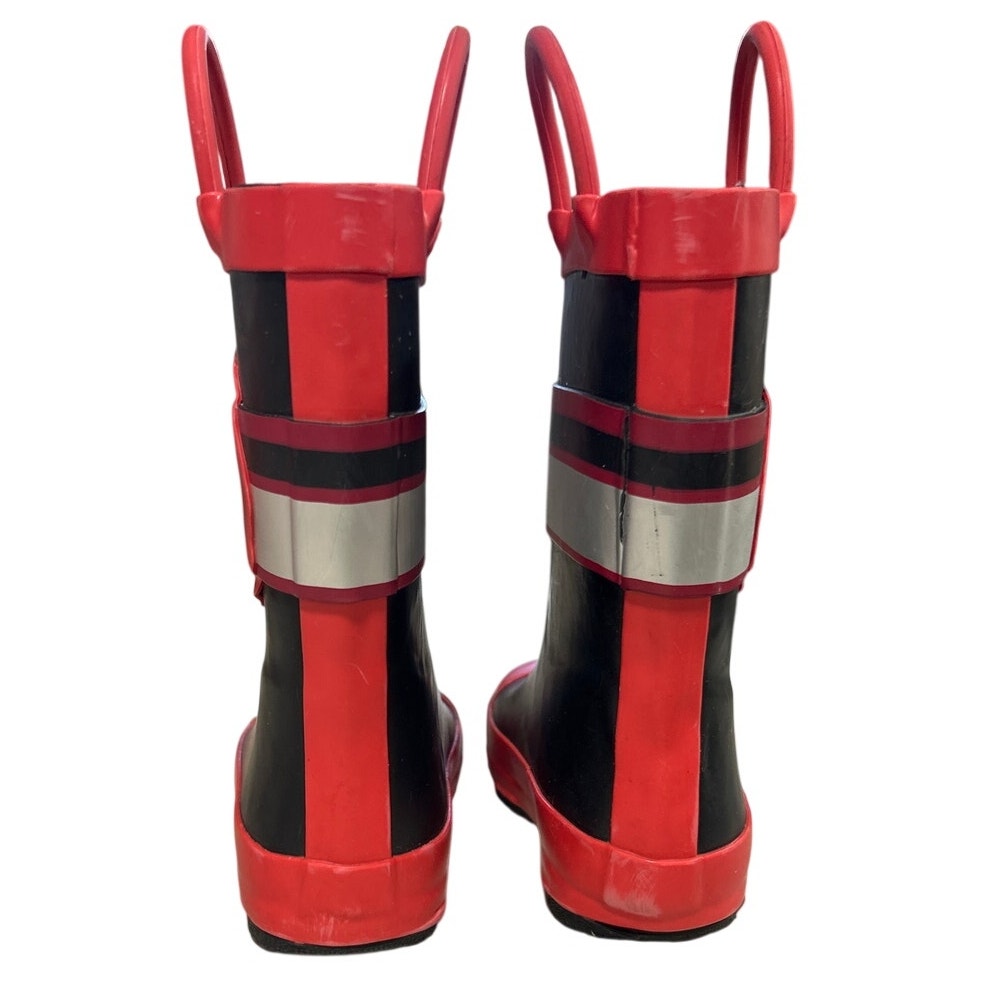 Mysoft Toddler Kids Size 7 Red Black Fire Chief Pull On Handles Rain Boots