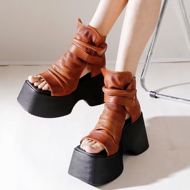 Women's Retro Platform Round Toe High Top Sandals - Korean Style Open Toe Summer Shoes