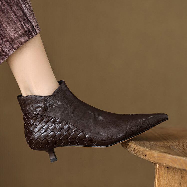 Women's Woven Full-Grain Sheepskin Ankle Boots | Pointed Toe Side Zipper Low Heel