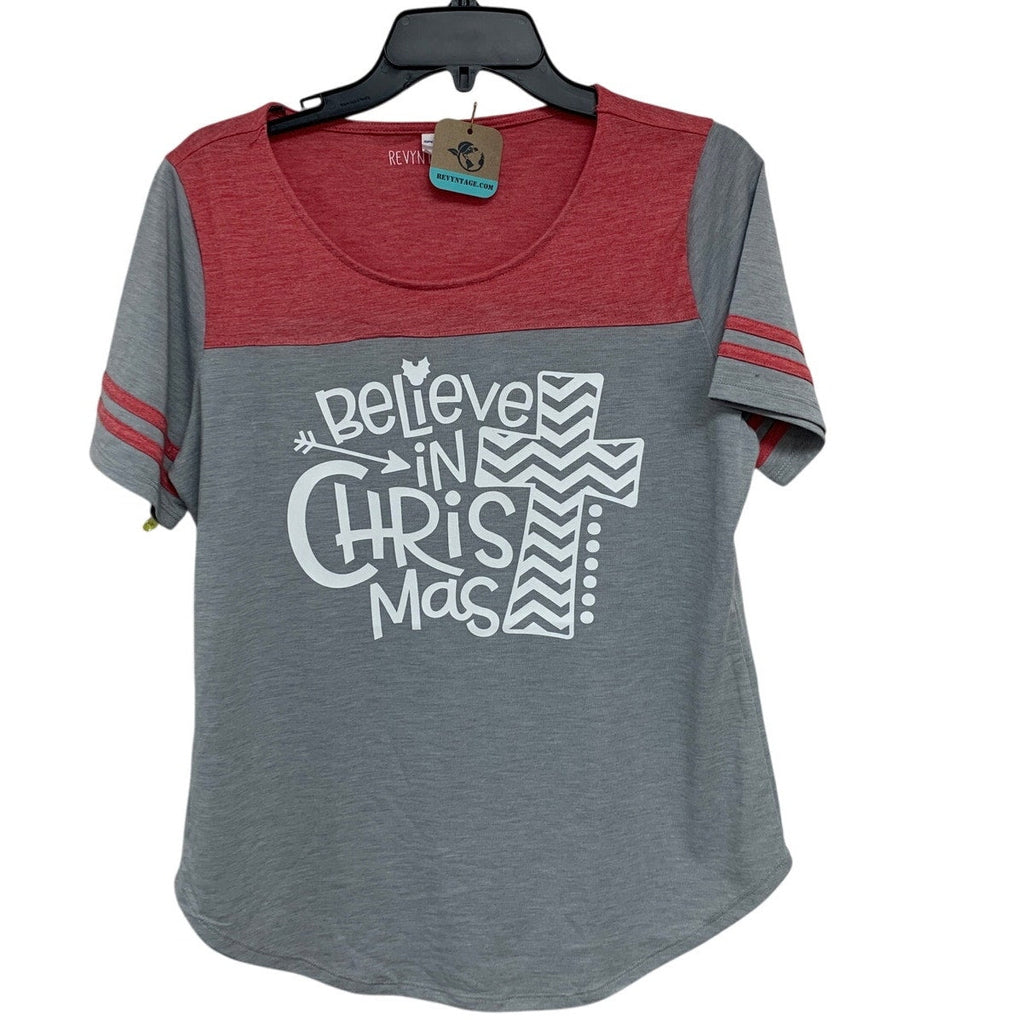 New Hand Printed Womens Medium Believe In Christmas Short Sleeve Tee Shirt