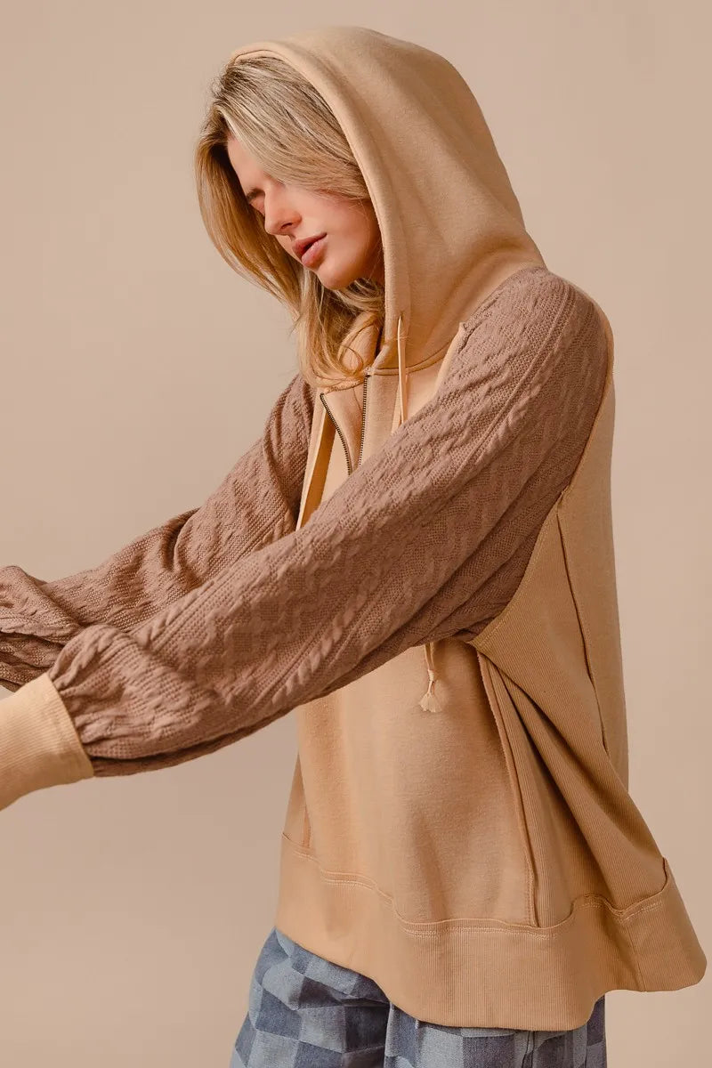BiBi Half Zip French Terry Hoodie with Kint Sleeves