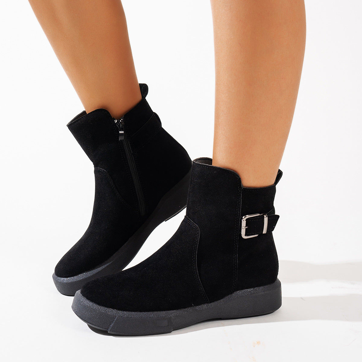 Women's Round Toe Ankle Boots with Side Zipper - Flat Heel Suede Boots